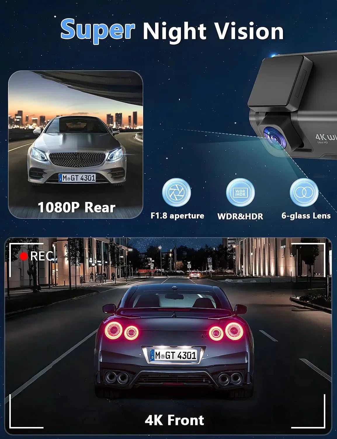 Kocam 4K UHD Dash Cam Dual Lens WiFi Night Vision Front And Rear Parking Monitor - stepyours.com