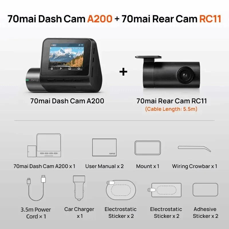 70mai A200 Dash Cam 2 Inch LCD Dual Channel 1080P Car DVR 24H Parking - stepyours.com