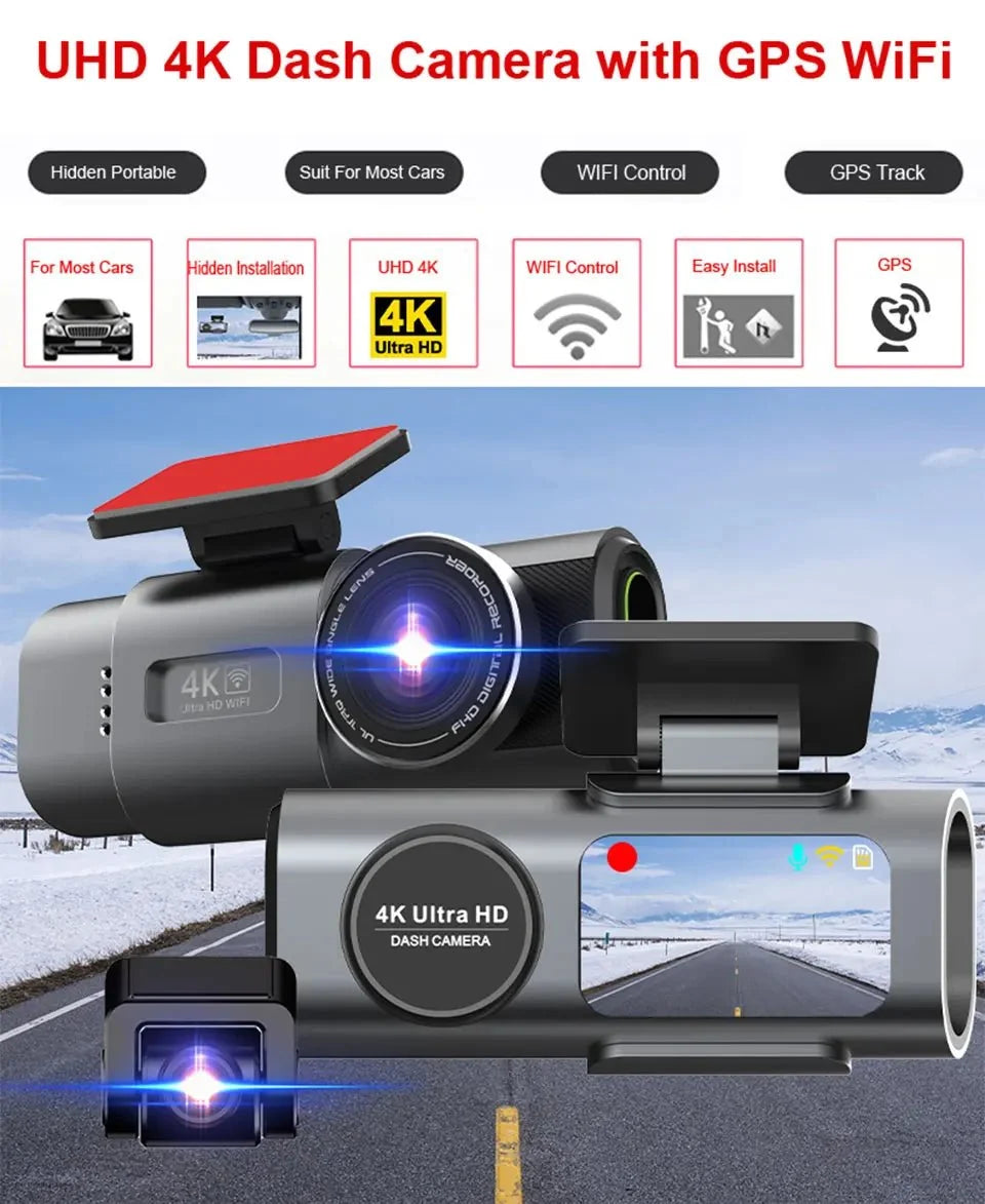 4K Dash Cam With GPS WiFi Night Vision Rear Camera Car DVR Recorder - stepyours.com