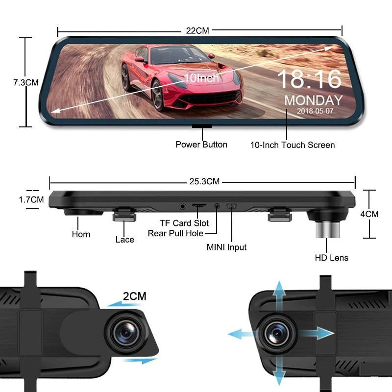 10 Inch Car DVR Touch Screen Dual 1080P Front And Rear Rearview Mirror Camera - stepyours.com