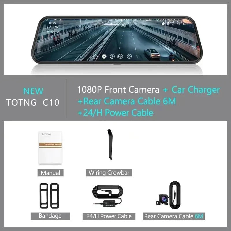 10 Inch Car Touch Screen Rear View Mirror Dash Cam Front And Rear Cameras - stepyours.com