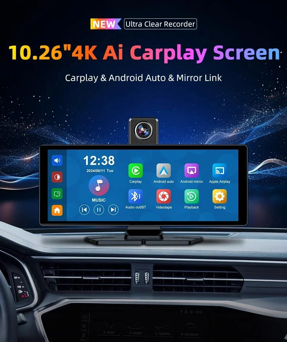 4K Dash Cam CarPlay Android Auto 350 Degree Rotating Lens GPS Bluetooth 7 Inch - stepyours.com
