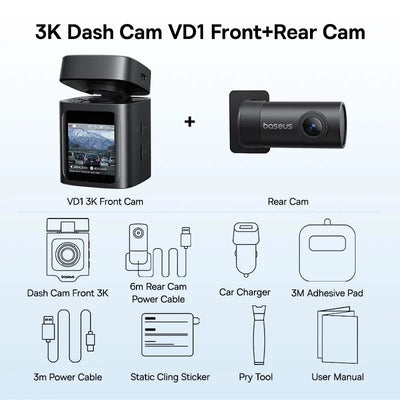 Baseus VD1 3K Dash Cam Front And Rear With GPS Supercapacitor 24H Parking - stepyours.com