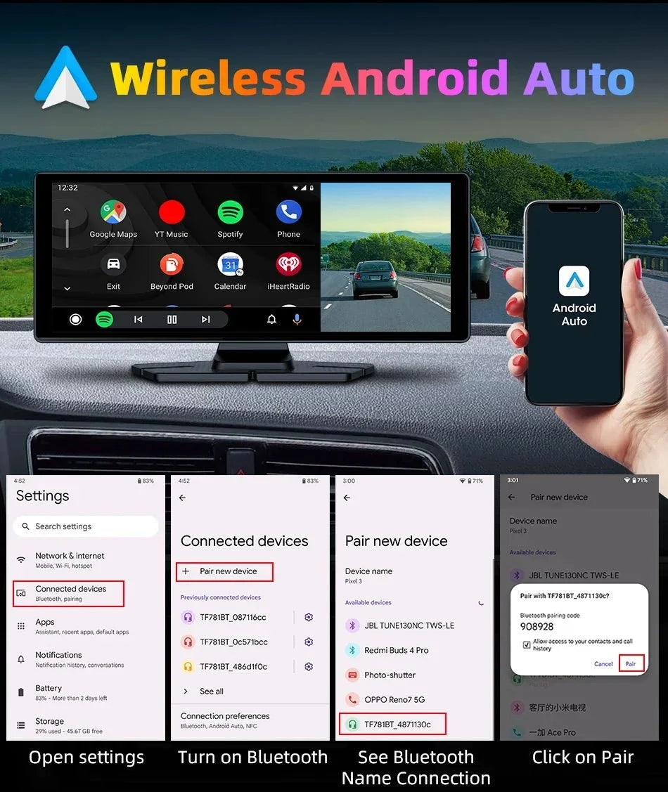 4K Dash Cam CarPlay Android Auto 350 Degree Rotating Lens GPS Bluetooth 7 Inch - stepyours.com