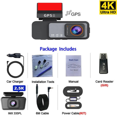 4K Dash Cam Car Camera With GPS WiFi Night Vision Dual Lens Rear View - stepyours.com