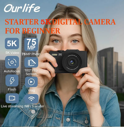 5K Compact Digital Camera With 18X Zoom 180 Degree Flip Screen For YouTube Vlog - stepyours.com