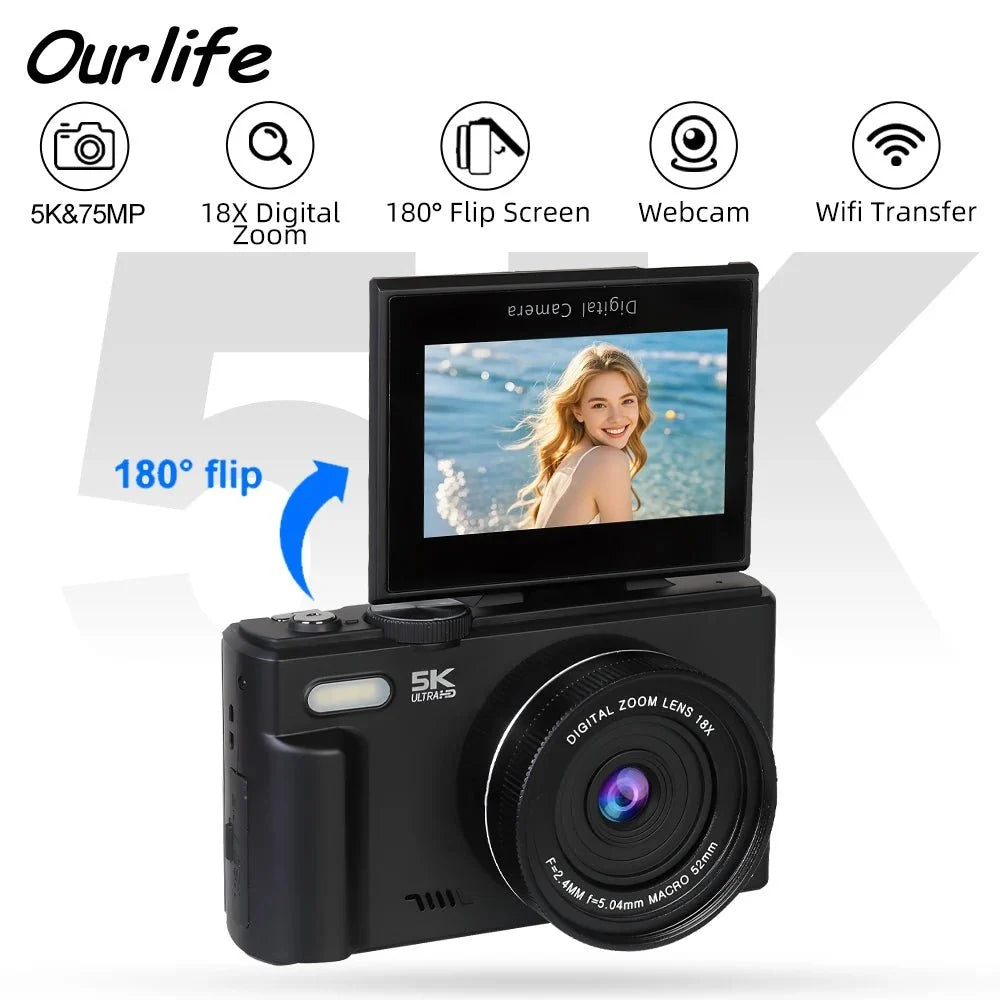 Ourlife Compact 5K Digital Camera With 18X Zoom 75MP 180 Flip Screen WiFi - stepyours.com