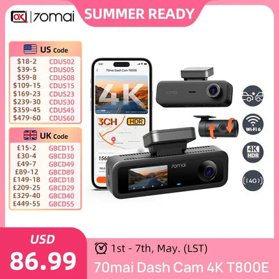 70mai T800E 4K Dash Cam 3 Channel Car DVR With Rear And Interior 1080P HDR GPS - stepyours.com