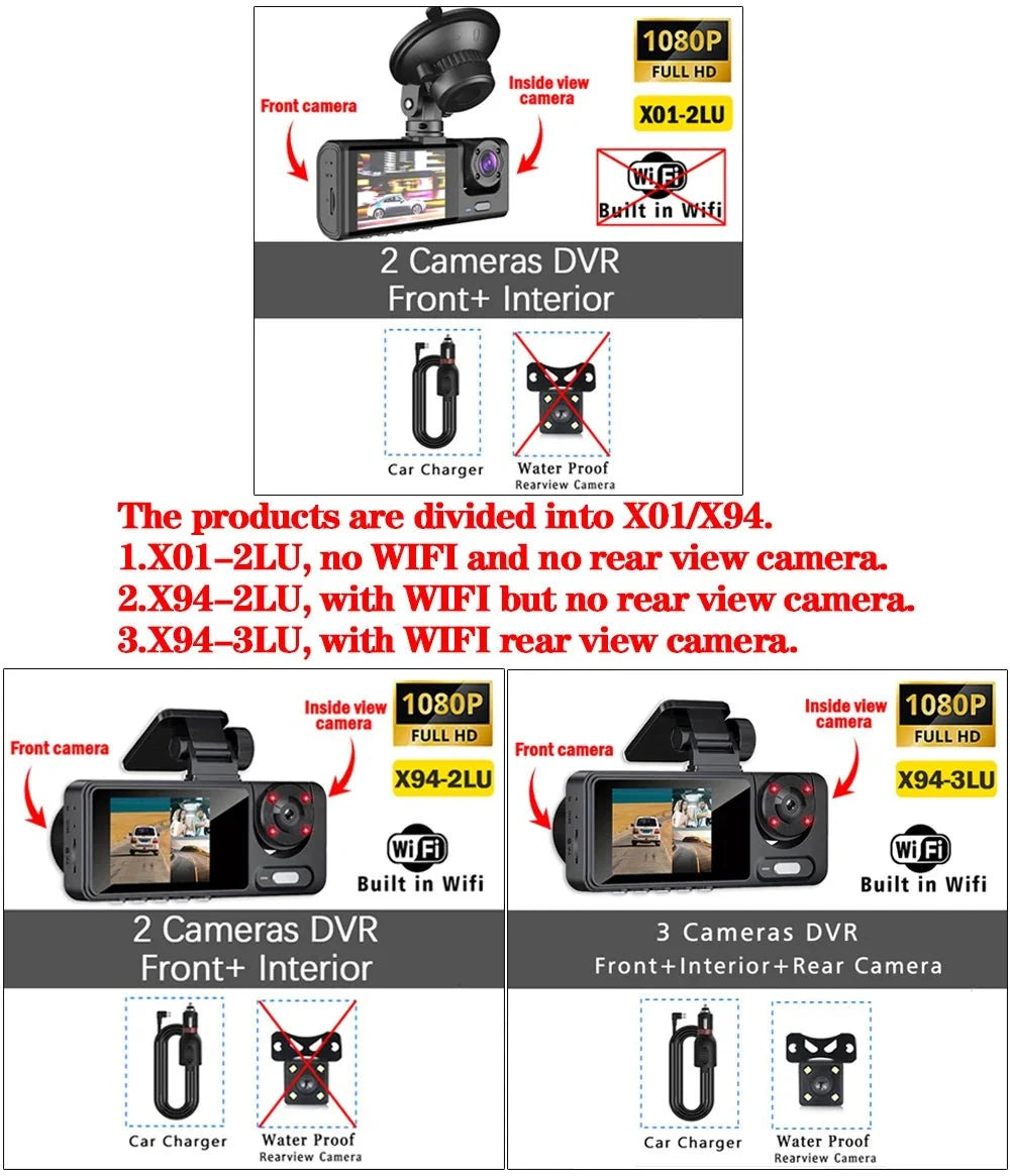 Triple Lens WiFi Dashcam Two Three Channel 1080P Night Vision Front And Rear - stepyours.com