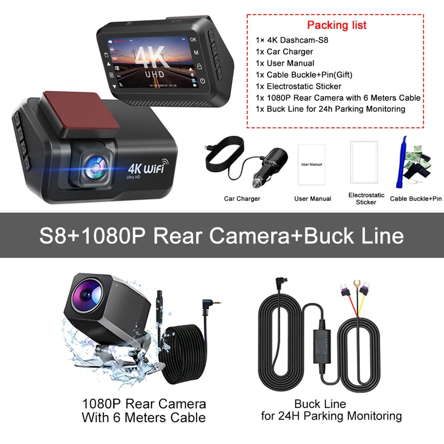 Kocam 4K UHD Dash Cam Dual Lens WiFi Night Vision Front And Rear Parking Monitor - stepyours.com
