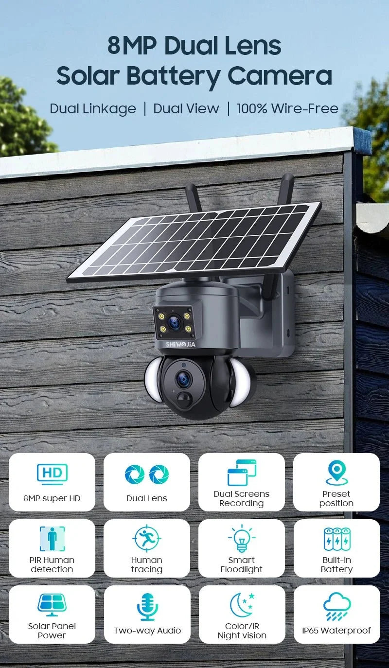 SHIWOJIA 4K 8MP Solar Camera With 4G SIM WiFi Color Night Vision PTZ Dual Lens - stepyours.com