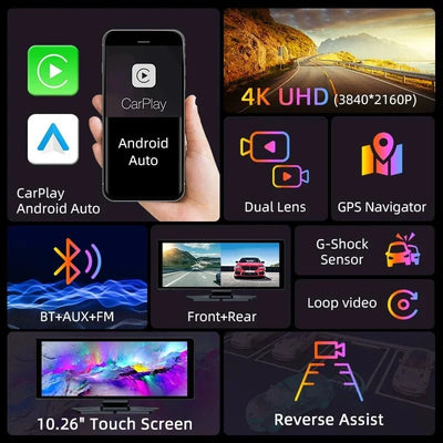 4K Dash Cam CarPlay Android Auto 350 Degree Rotating Lens GPS Bluetooth 7 Inch - stepyours.com