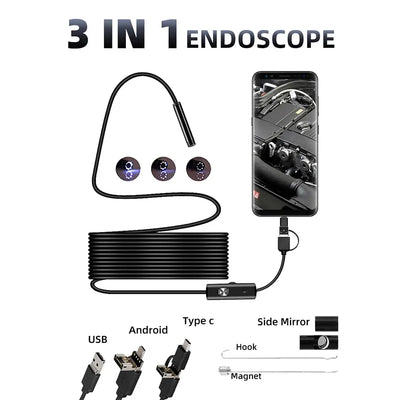 Practical 7mm Android Endoscope 3 In 1 USB Type C Borescope Waterproof Hooks - stepyours.com