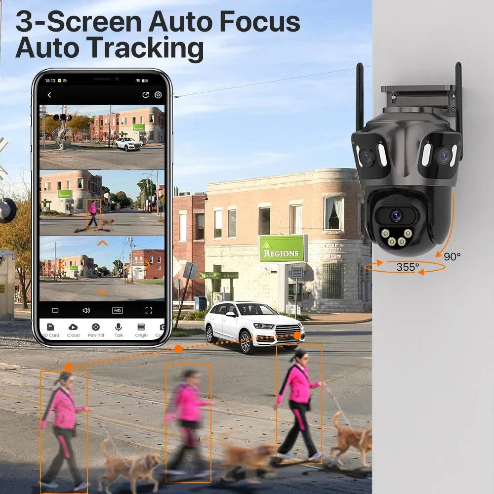 Three Screen WiFi IP Camera - 4K Dual Lens PTZ With AI Detection IP66 Waterproof - stepyours.com