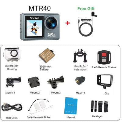 Ourlife MTR40 5K Action Camera IPS Touch Screen 170 Degree Waterproof 30M WiFi - stepyours.com