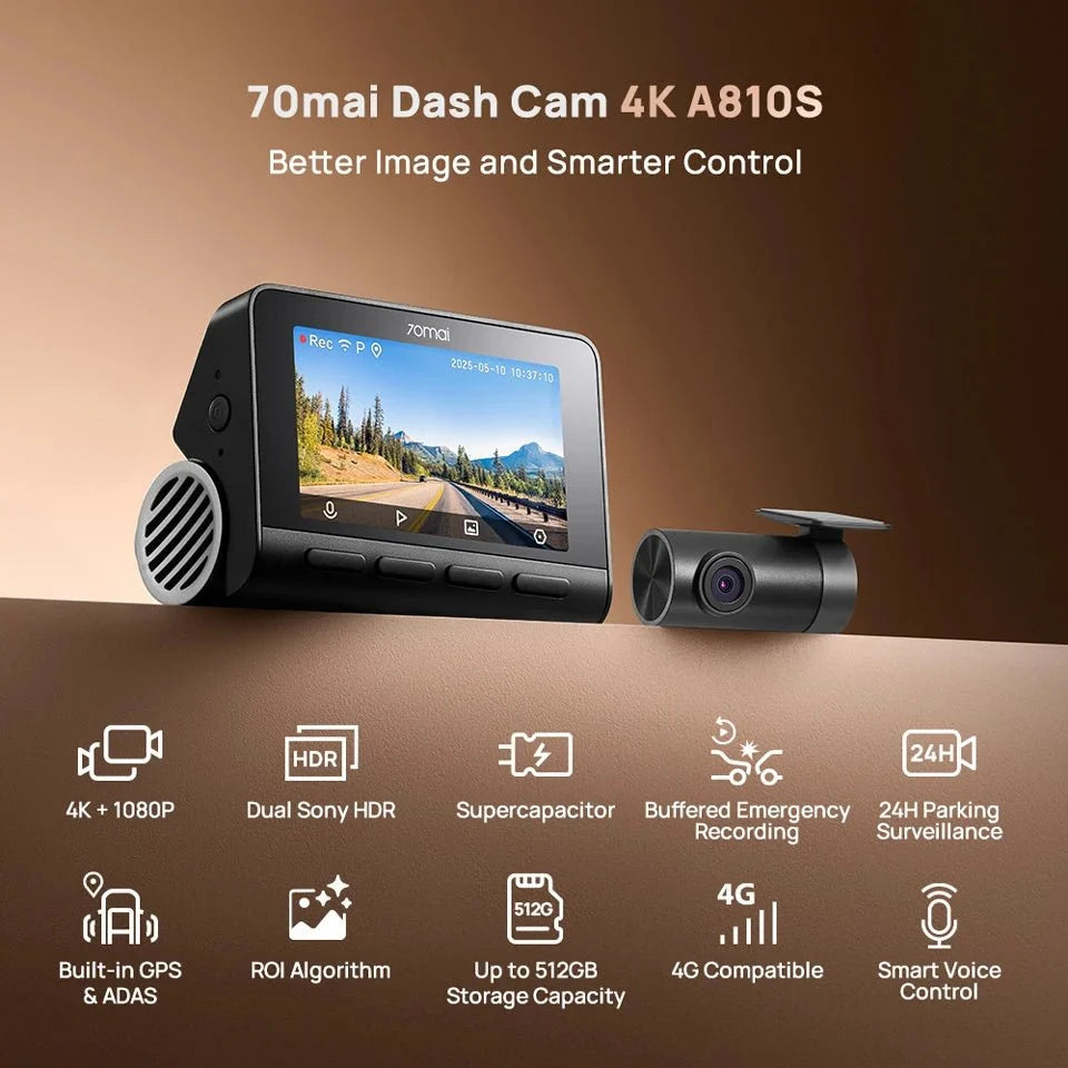 70Mai A810S 4K HDR Dash Cam GPS ADAS Dual Channel Motion Detection 4G LTE DVR - stepyours.com