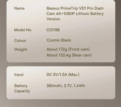 Baseus VD1 Pro 4K Dash Cam With Sony Sensor ADAS GPS WiFi6 STARVIS Night Vision - stepyours.com
