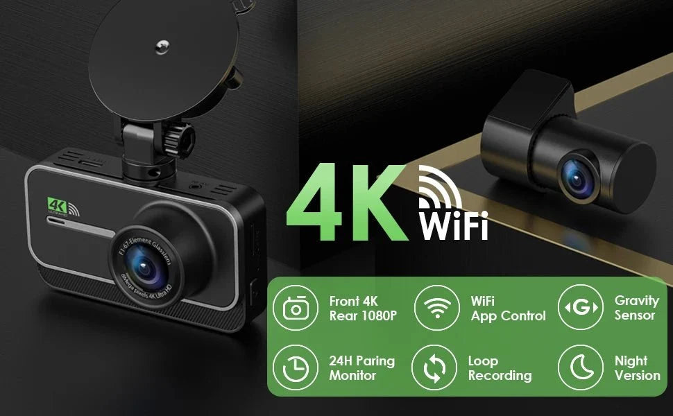4K Dash Cam For Cars Front And Rear With WiFi Parking Mode Recorder - stepyours.com