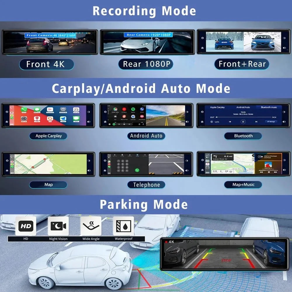 11.26 Inch 4K Dash Cam With CarPlay Android Auto Dual Lens WiFi GPS Bluetooth - stepyours.com