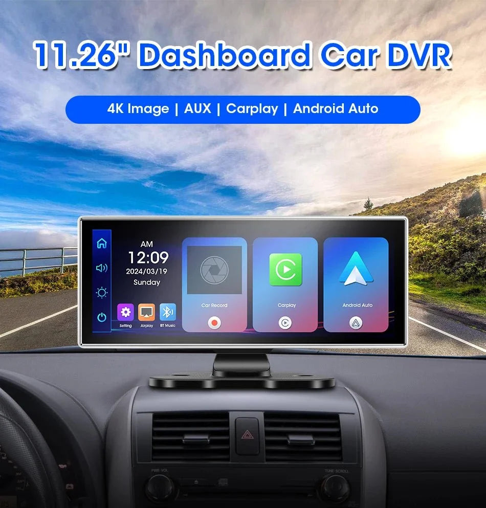 11.26 Inch 4K Dual Lens Dash Cam With Wireless CarPlay Android Auto GPS WiFi - stepyours.com