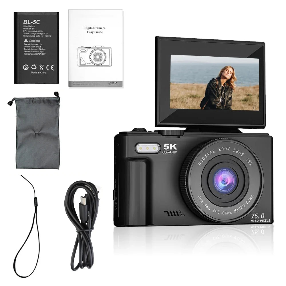 5K Compact Digital Camera With 18X Zoom 180 Degree Flip Screen For YouTube Vlog - stepyours.com