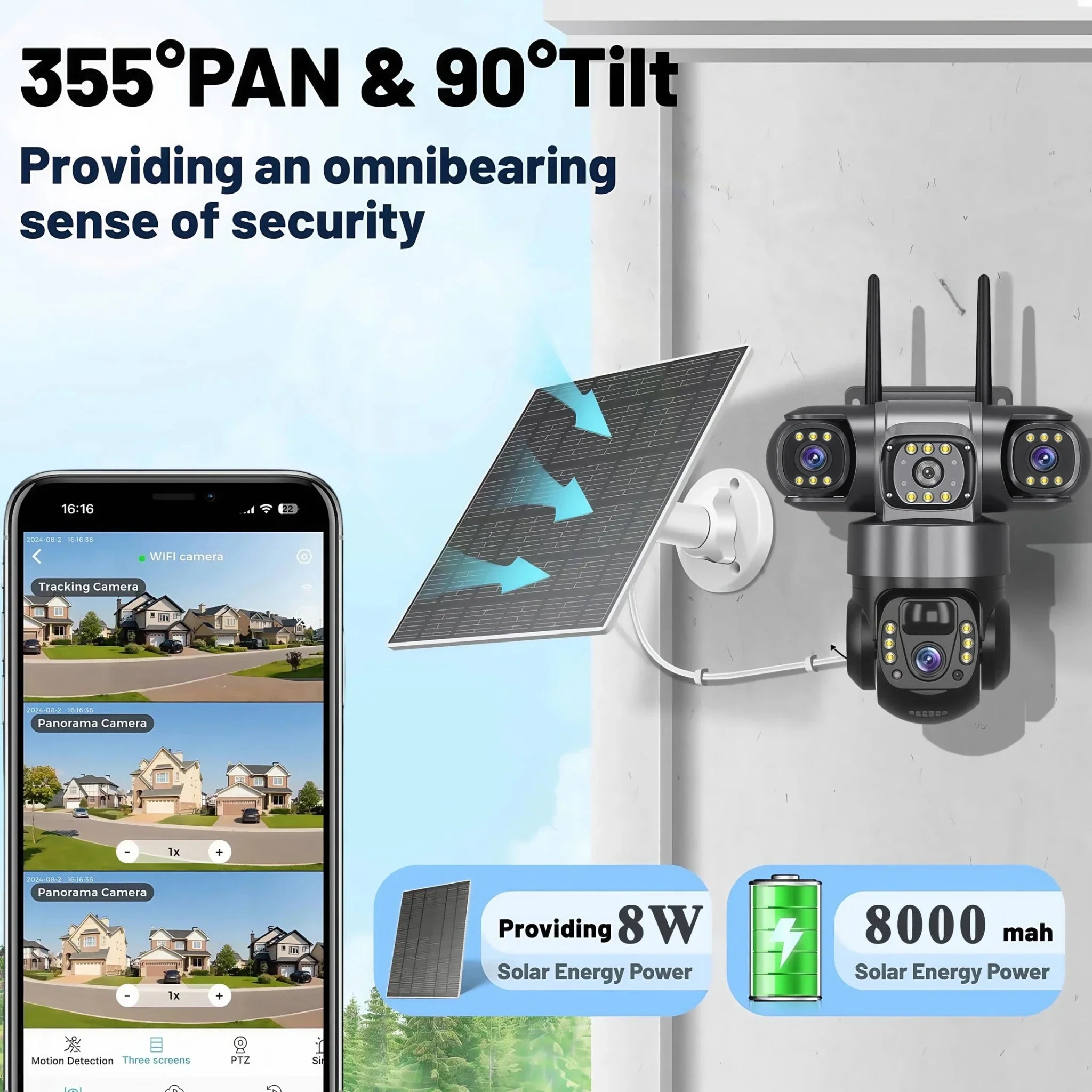 V380Pro 3 Lens WiFi Solar Camera 360 Outdoor Waterproof Security - stepyours.com