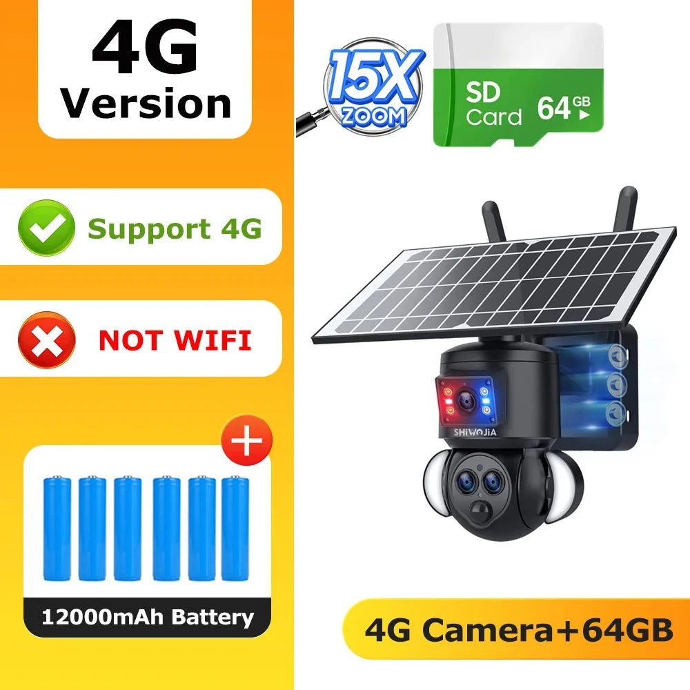 SHIWOJIA 4K 8MP Solar Camera With 4G SIM WiFi Color Night Vision PTZ Dual Lens - stepyours.com