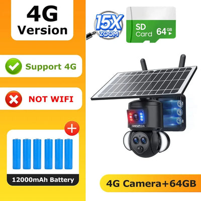 SHIWOJIA 4K 8MP Solar Camera With 4G SIM WiFi Color Night Vision PTZ Dual Lens - stepyours.com