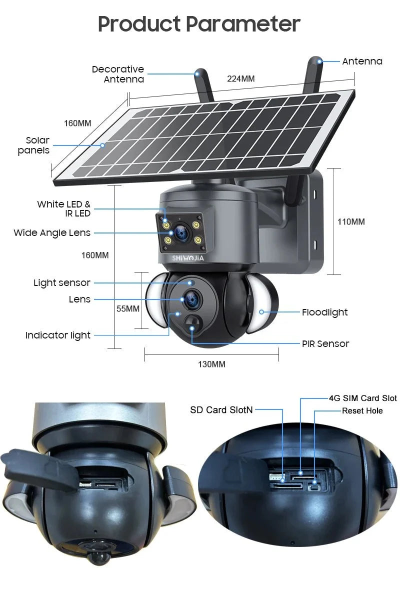SHIWOJIA 4K 8MP Solar Camera With 4G SIM WiFi Color Night Vision PTZ Dual Lens - stepyours.com