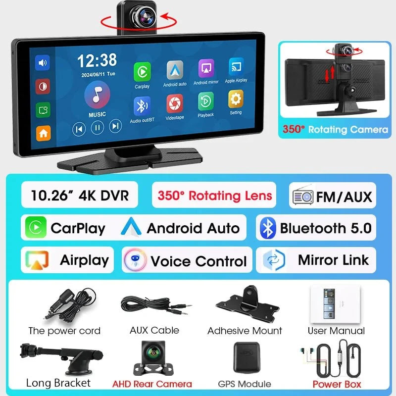 4K Dash Cam CarPlay Android Auto 350 Degree Rotating Lens GPS Bluetooth 7 Inch - stepyours.com