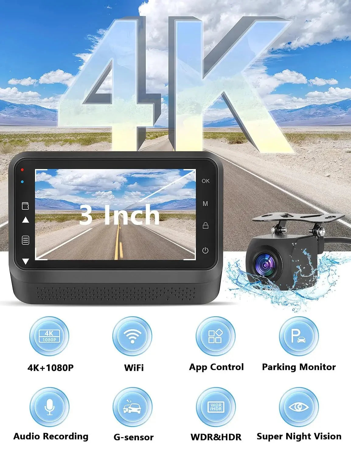 Hook Your Drive Kocam 4K UHD Dash Cam Dual Lens Night Vision Parking Monitor - stepyours.com