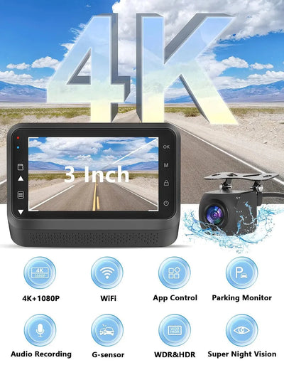 Kocam 4K UHD Dash Cam Dual Lens WiFi Night Vision Front And Rear Parking Monitor - stepyours.com