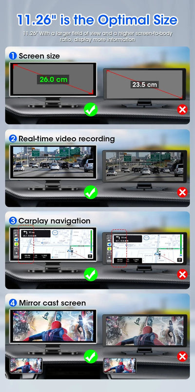 11.26 Inch 4K Dual Lens Dash Cam With Wireless CarPlay Android Auto GPS WiFi - stepyours.com