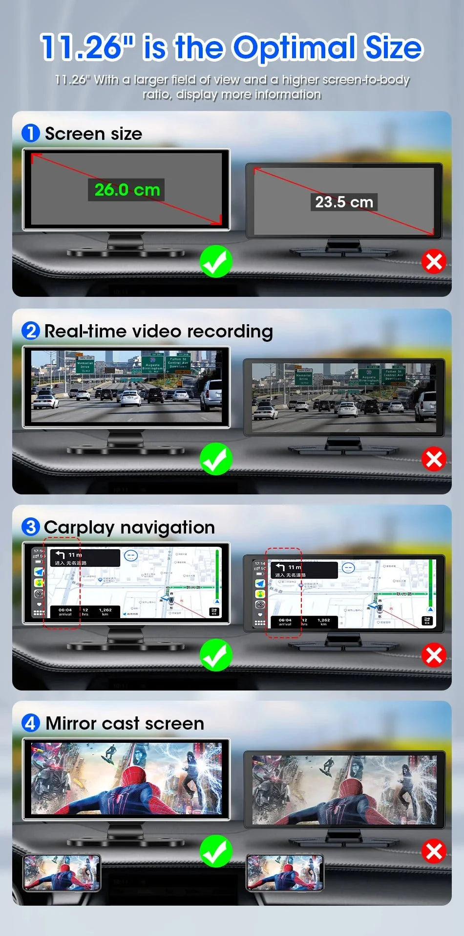 11.26 Inch 4K Dual Lens Dash Cam With Wireless CarPlay Android Auto GPS WiFi - stepyours.com
