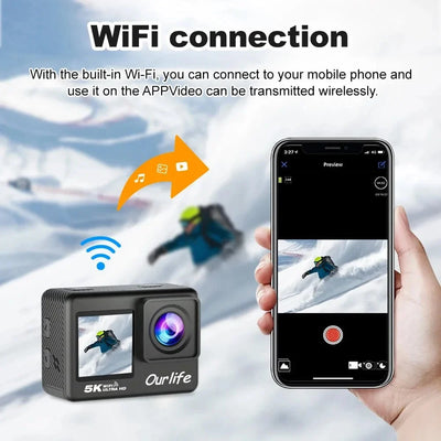 Ourlife 5K Action Camera 4K60FPS 2 Inch Touch Screen WiFi 30M Waterproof Bicycle - stepyours.com