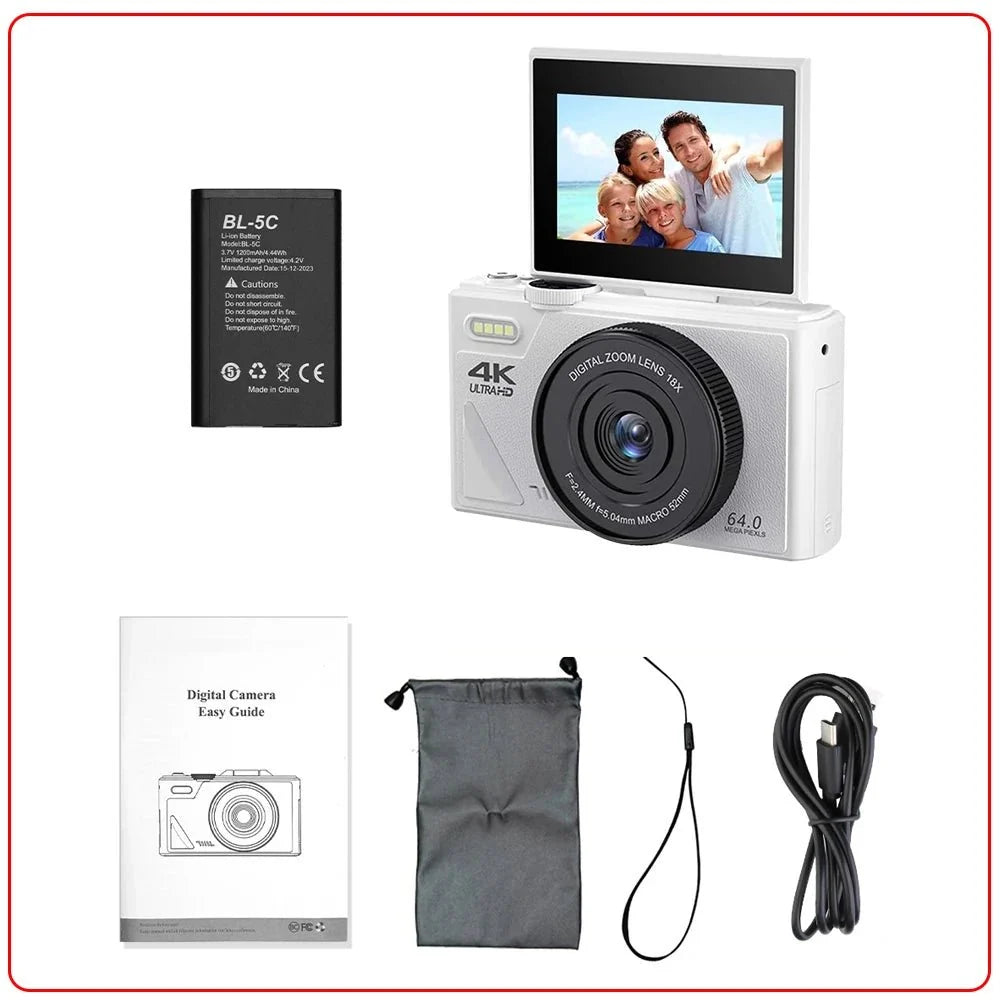 Compact 4K Digital Camera With 18X Zoom 180 Degree Flip Screen WiFi Vlog Cam - stepyours.com