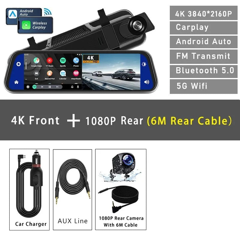 10 Inch 4K Dash Cam With CarPlay Android Auto GPS WiFi Rearview Mirror - stepyours.com
