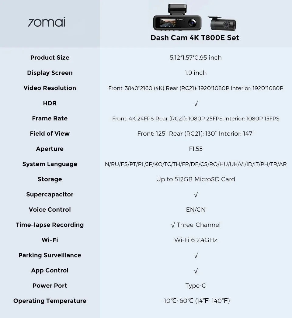 70mai T800E 3 Channel Dash Cam 4K HDR F1.55 Supercapacitor GPS WiFi 6 5GHz - stepyours.com