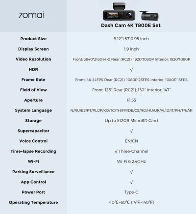 70mai T800e 3 Channel Dash Cam 4K Front 1080p Rear And Interior HDR GPS WiFi 6 - stepyours.com