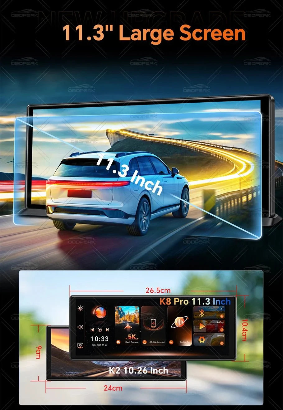 OBDPEAK K8 Pro Dash Cam Front 5K Rear 1080P CarPlay Android Auto 11.3 AI Screen - stepyours.com