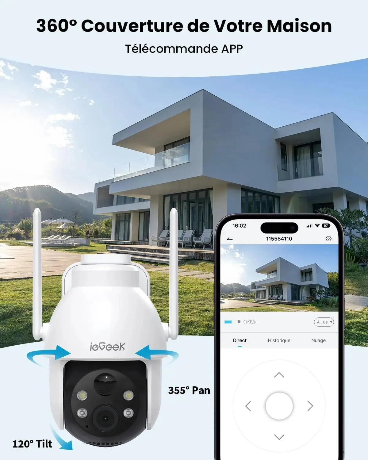 IeGeek 2K 360 PTZ Outdoor Solar Surveillance Camera With PIR Motion Alerts - stepyours.com