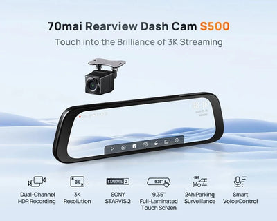 70mai S500 Rearview Dash Cam 9.35 Inch Touch Screen Dual Channel 3K HDR - stepyours.com