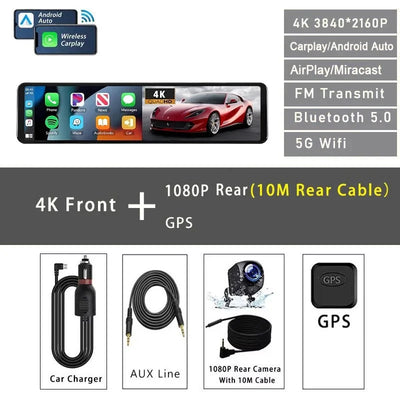11.26 Inch 4K Dash Cam With CarPlay Android Auto Dual Lens WiFi GPS Bluetooth - stepyours.com
