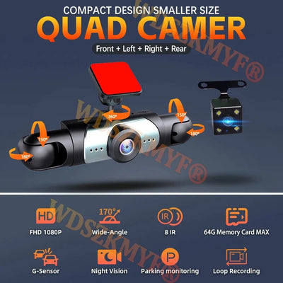 4 Lens Car DVR 360 Degree Dash Cam 1080P Front Left Right Rear View Camera - stepyours.com