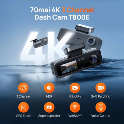 70mai T800E 3 Channel Dash Cam 4K HDR F1.55 Supercapacitor GPS WiFi 6 5GHz - stepyours.com