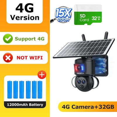 SHIWOJIA 4K 8MP Solar Camera With 4G SIM WiFi Color Night Vision PTZ Dual Lens - stepyours.com