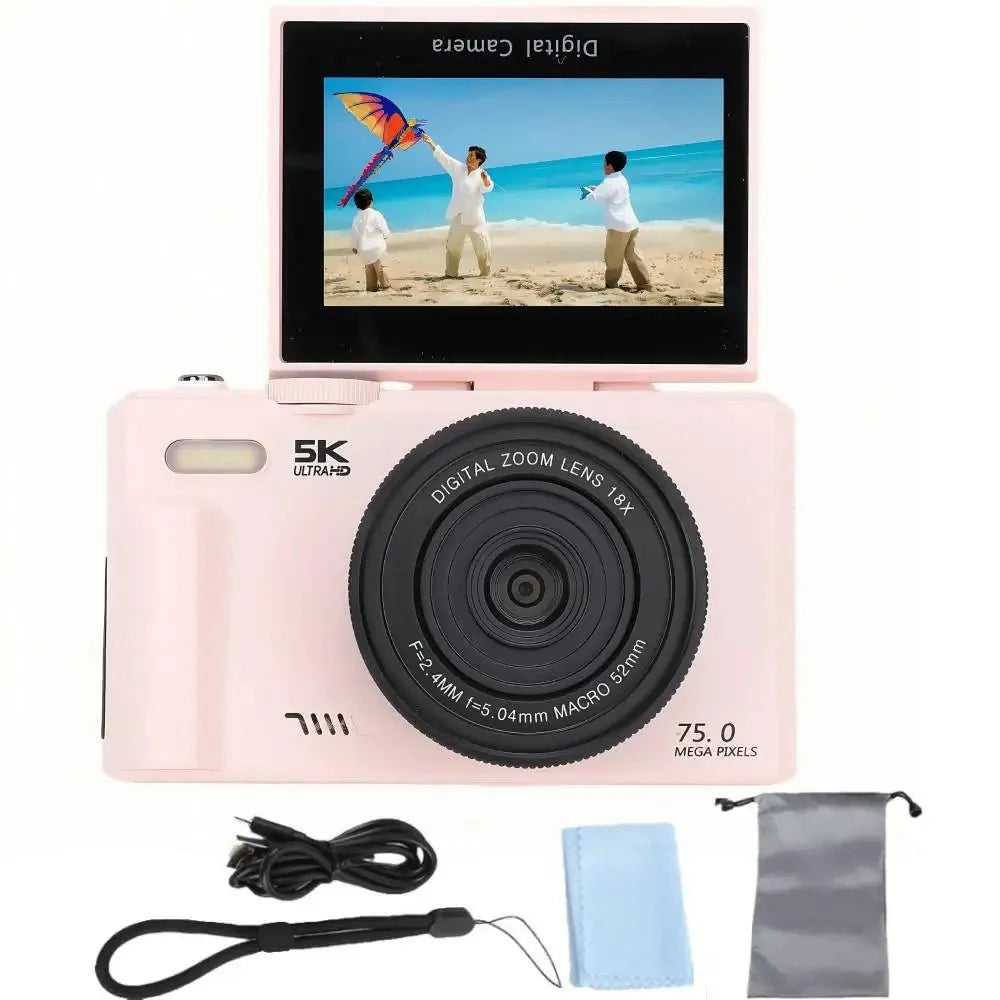 Amorus 5K Digital Camera 75MP 18X Zoom 180 Flip Screen WiFi For YouTube - stepyours.com