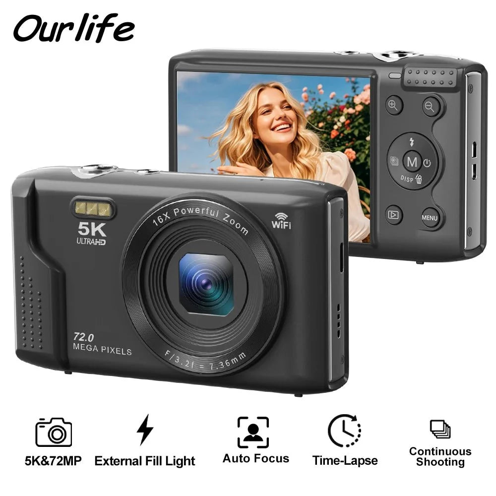 Ourlife 5K 72MP Compact Digital Camera With Two Point Eight Inch LCD 16X Zoom - stepyours.com