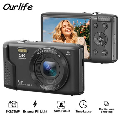 Ourlife 5K 72MP Compact Digital Camera With Two Point Eight Inch LCD 16X Zoom - stepyours.com