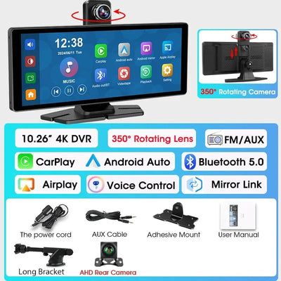 4K Dash Cam CarPlay Android Auto 350 Degree Rotating Lens GPS Bluetooth 7 Inch - stepyours.com